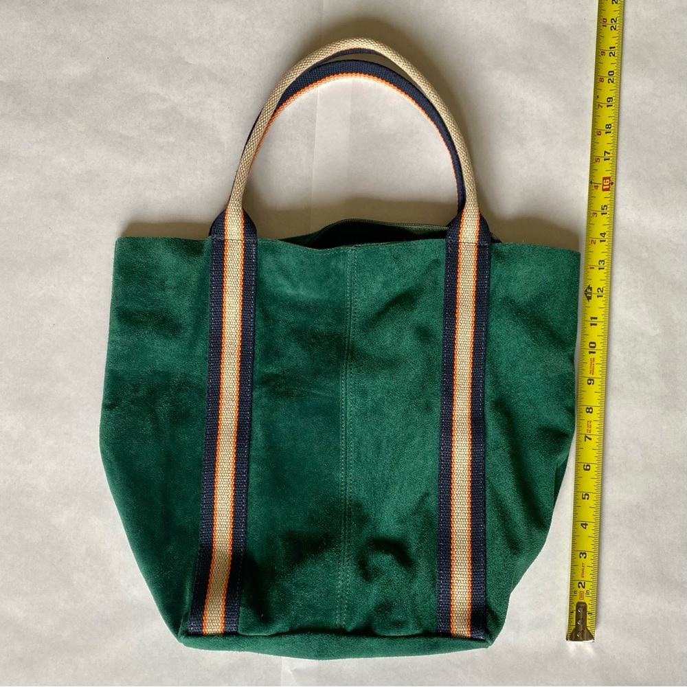 Green Suede Tote Bag with Striped Handles
